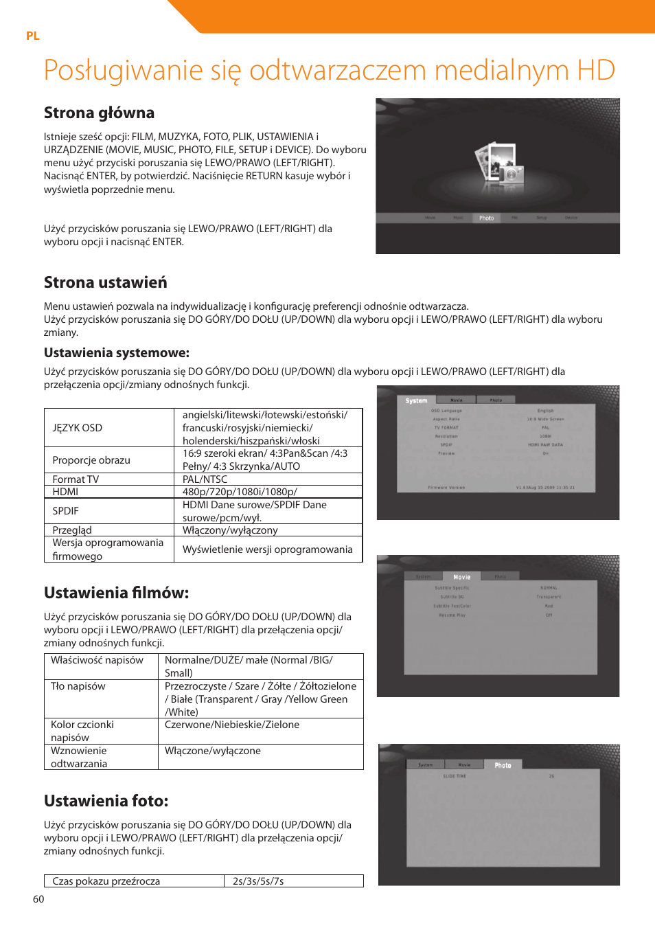 Posługiwanie się odtwarzaczem medialnym hd, Strona główna, Strona ustawień | Ustawienia filmów, Ustawienia foto, Ustawienia systemowe | Acme DP01 User Manual | Page 60 / 164