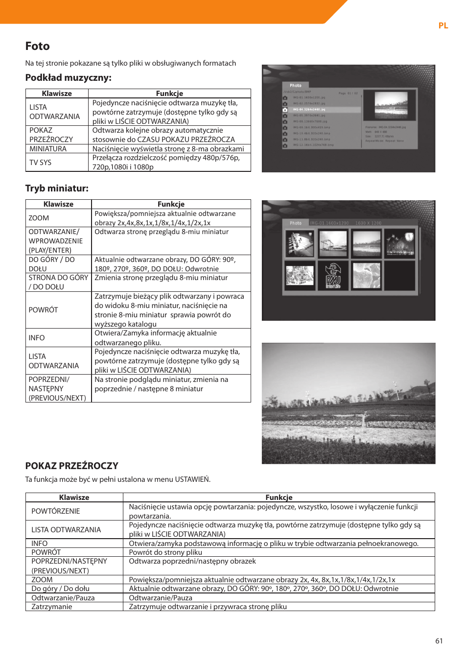 Foto, Podkład muzyczny, Tryb miniatur | Pokaz przeźroczy | Acme DP01 User Manual | Page 61 / 164