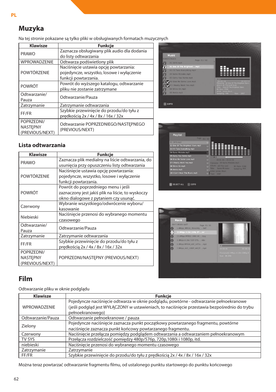 Muzyka, Film, Lista odtwarzania | Acme DP01 User Manual | Page 62 / 164