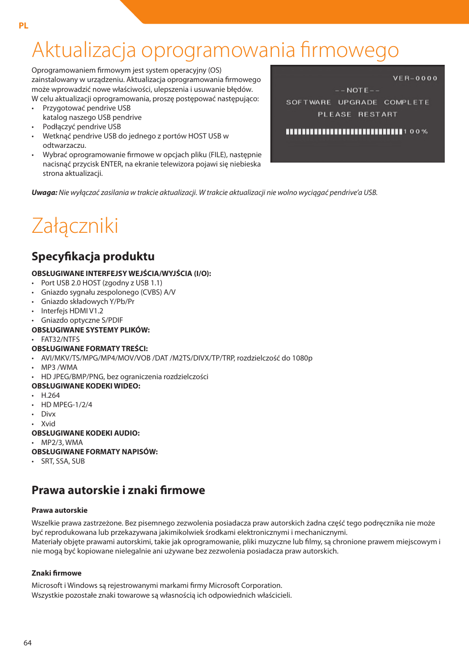 Aktualizacja oprogramowania firmowego, Załączniki, Specyfikacja produktu | Prawa autorskie i znaki firmowe | Acme DP01 User Manual | Page 64 / 164