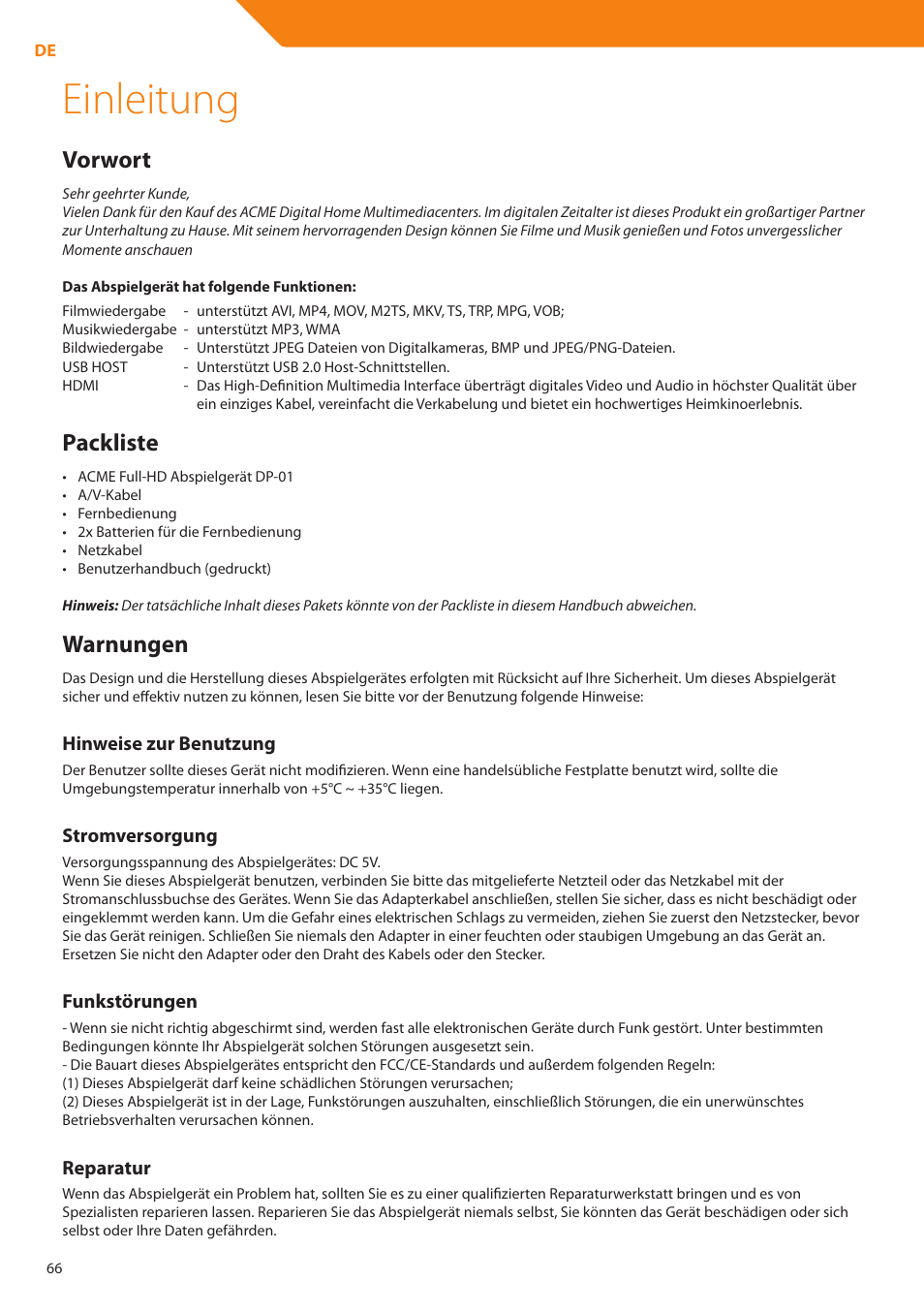 Einleitung, Vorwort, Packliste | Warnungen | Acme DP01 User Manual | Page 66 / 164