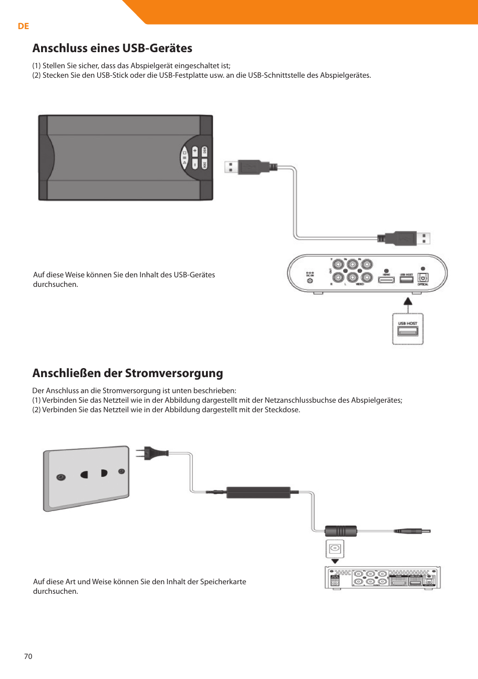 Anschluss eines usb-gerätes, Anschließen der stromversorgung | Acme DP01 User Manual | Page 70 / 164