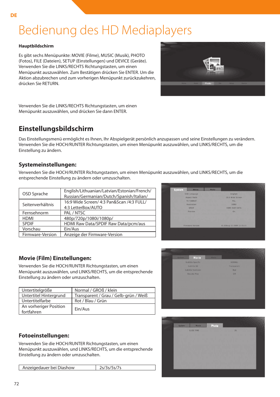 Bedienung des hd mediaplayers, Einstellungsbildschirm, Systemeinstellungen | Movie (film) einstellungen, Fotoeinstellungen | Acme DP01 User Manual | Page 72 / 164