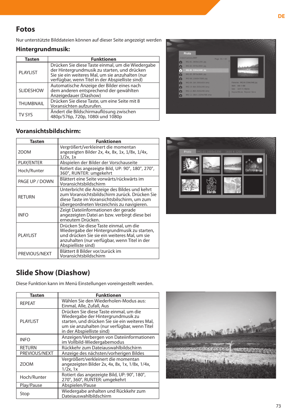 Fotos, Slide show (diashow), Hintergrundmusik | Voransichtsbildschirm | Acme DP01 User Manual | Page 73 / 164