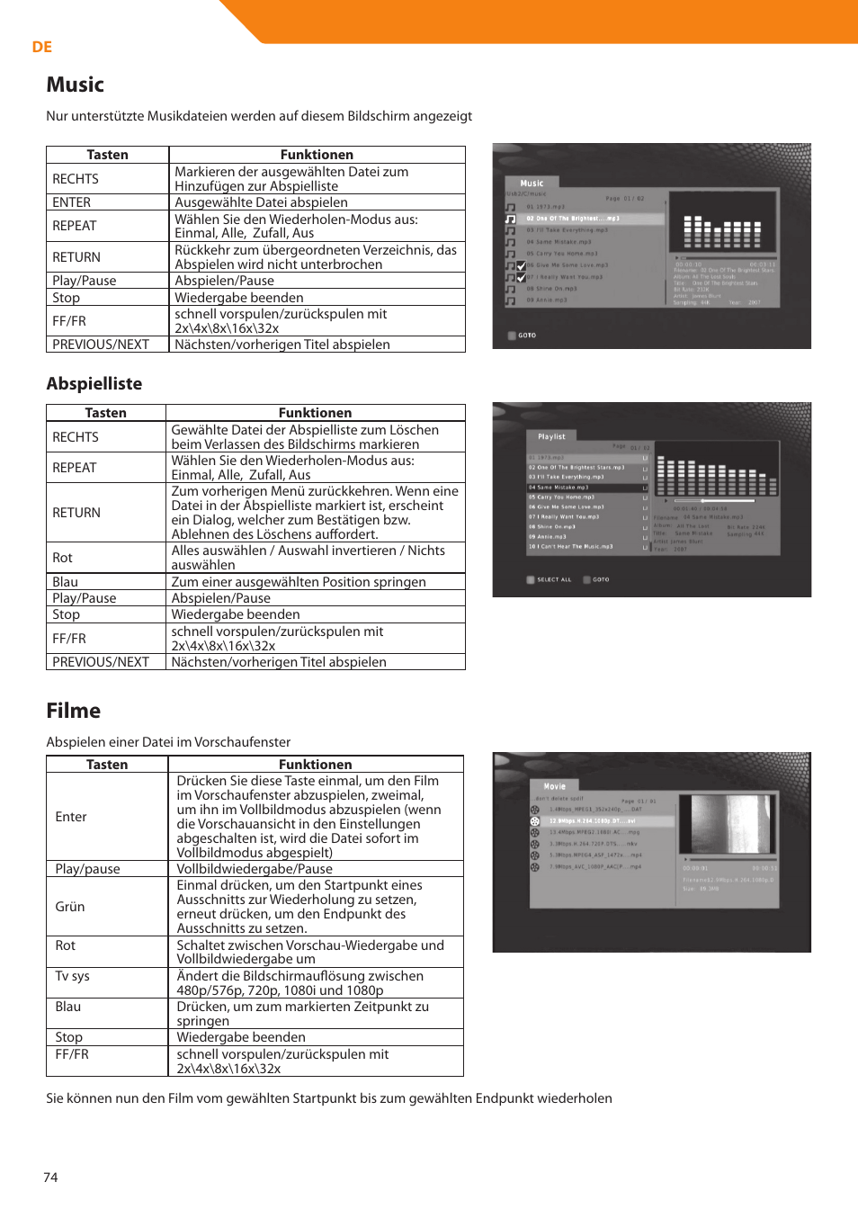 Music, Filme, Abspielliste | Acme DP01 User Manual | Page 74 / 164