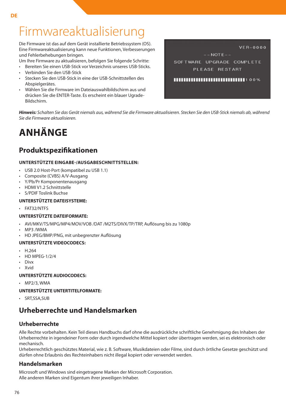 Firmwareaktualisierung, Anhänge, Produktspezifikationen | Urheberrechte und handelsmarken | Acme DP01 User Manual | Page 76 / 164