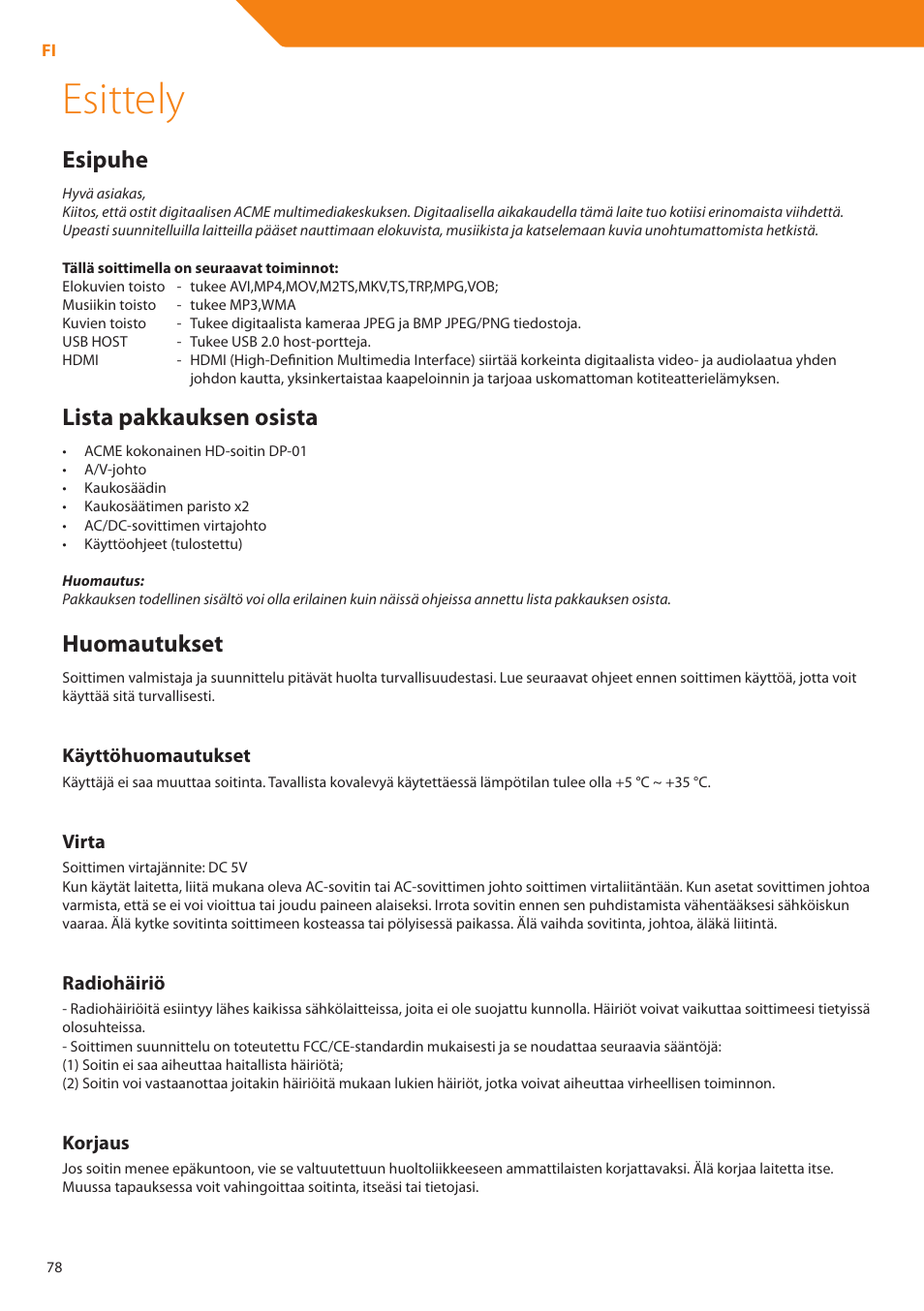 Esittely, Esipuhe, Lista pakkauksen osista | Huomautukset | Acme DP01 User Manual | Page 78 / 164