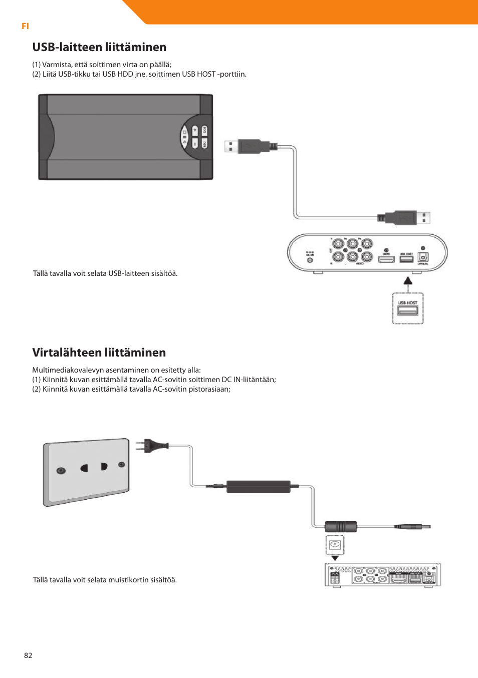 Usb-laitteen liittäminen, Virtalähteen liittäminen | Acme DP01 User Manual | Page 82 / 164