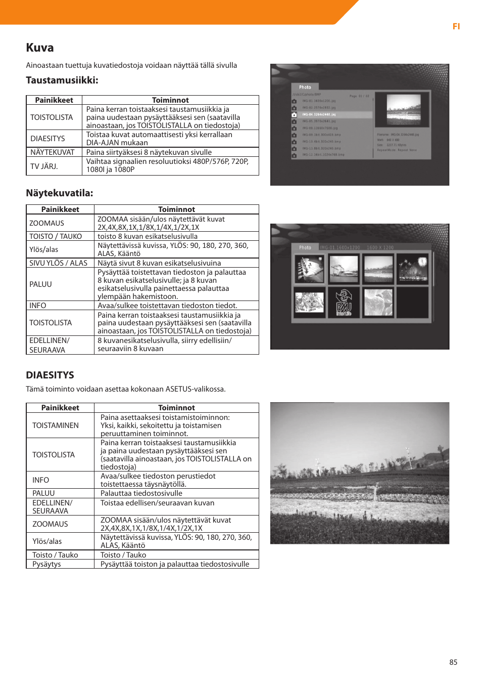 Kuva, Taustamusiikki, Näytekuvatila | Diaesitys | Acme DP01 User Manual | Page 85 / 164