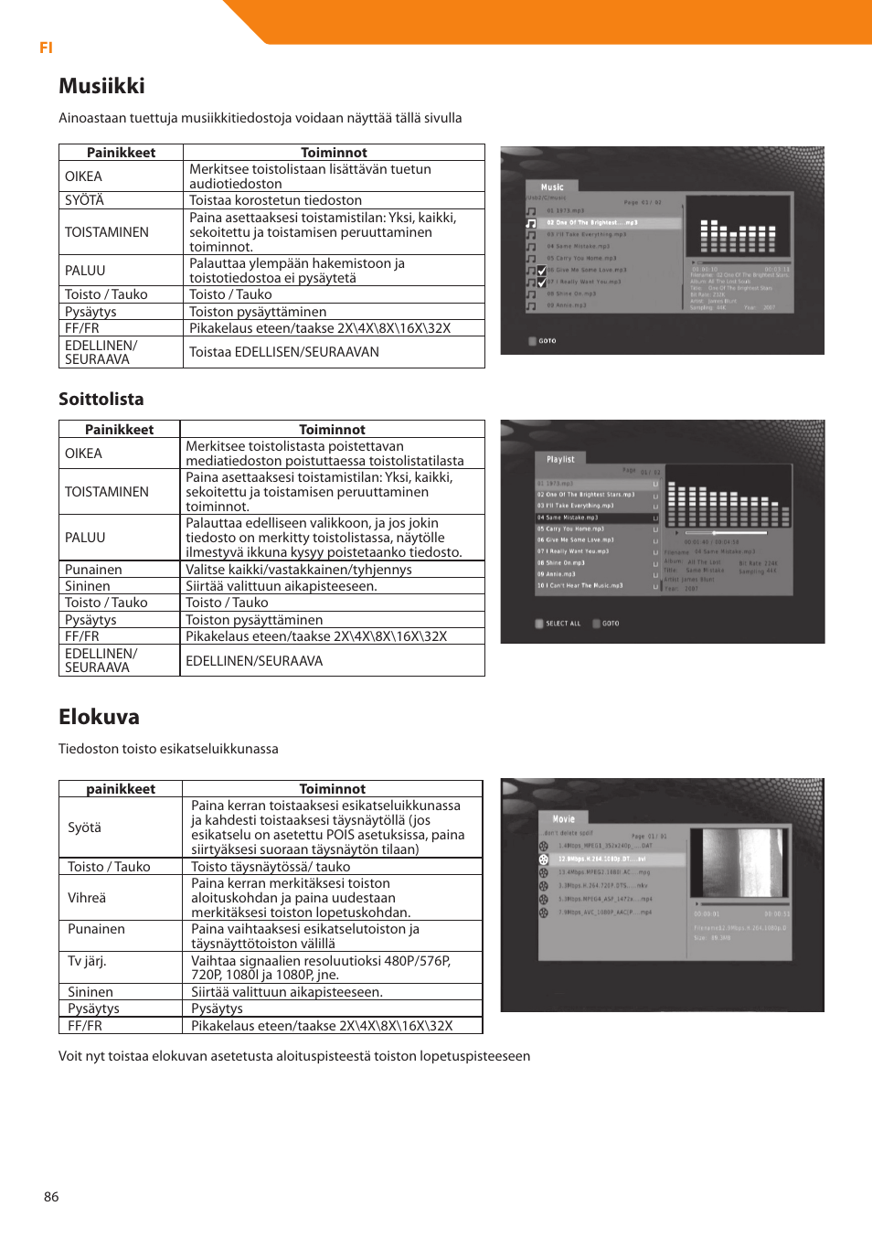 Musiikki, Elokuva, Soittolista | Acme DP01 User Manual | Page 86 / 164