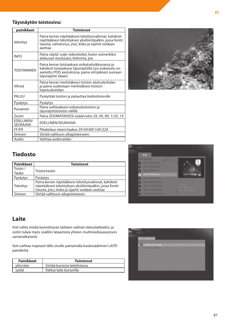 Tiedosto, Laite, Täysnäytön toistosivu | Acme DP01 User Manual | Page 87 / 164