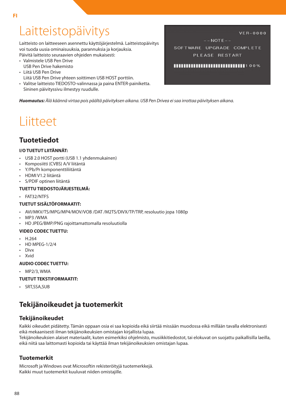 Laitteistopäivitys, Liitteet, Tuotetiedot | Tekijänoikeudet ja tuotemerkit | Acme DP01 User Manual | Page 88 / 164