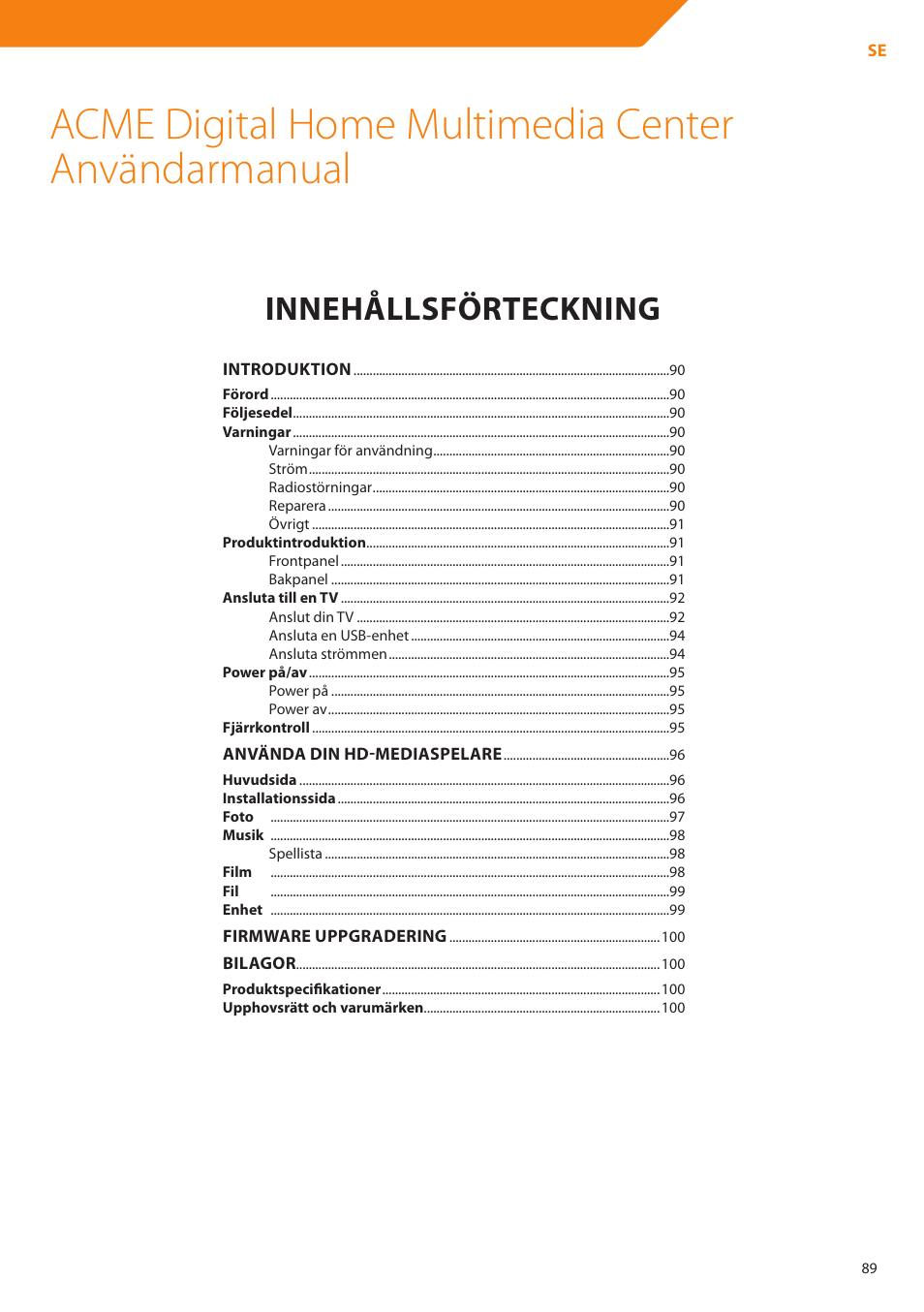Acme digital home multimedia center användarmanual, Innehållsförteckning | Acme DP01 User Manual | Page 89 / 164