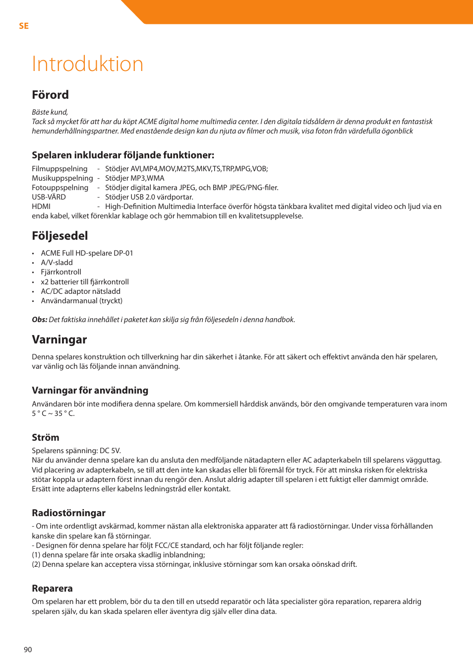 Introduktion, Förord, Följesedel | Varningar | Acme DP01 User Manual | Page 90 / 164