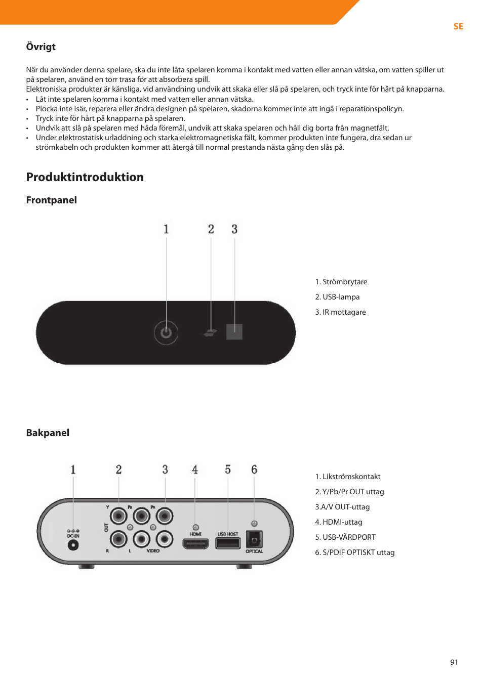 Produktintroduktion, Övrigt, Frontpanel | Bakpanel | Acme DP01 User Manual | Page 91 / 164