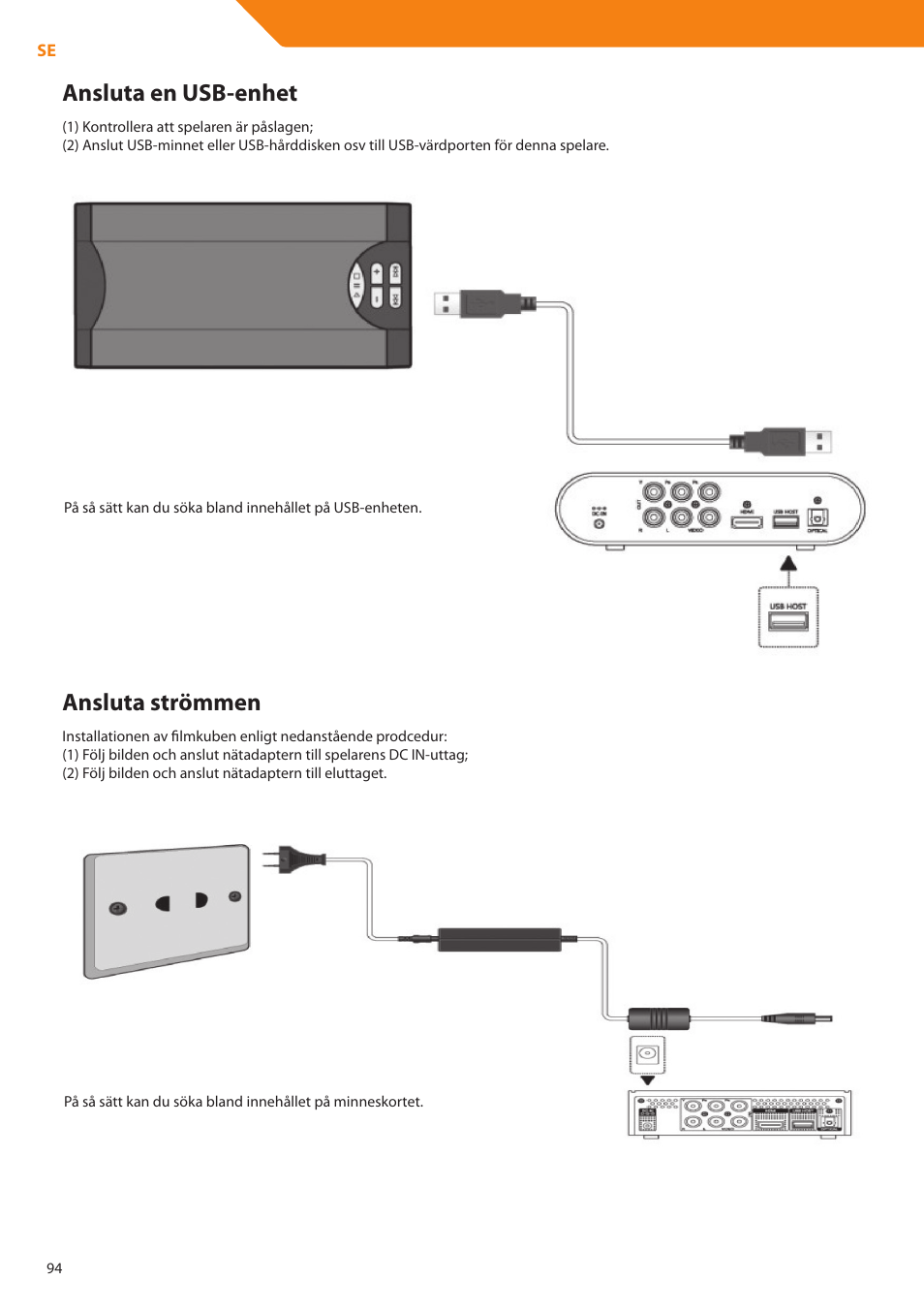 Ansluta en usb-enhet, Ansluta strömmen | Acme DP01 User Manual | Page 94 / 164