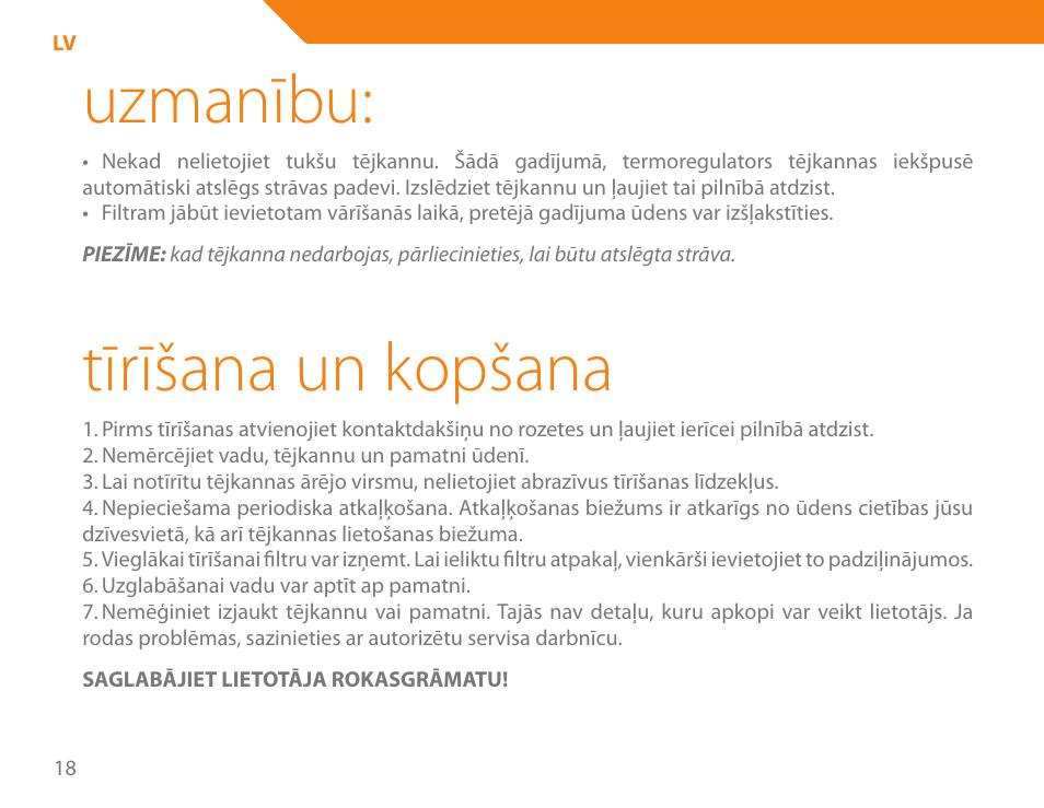 Uzmanību, Tīrīšana un kopšana | Acme KE-200 User Manual | Page 18 / 76
