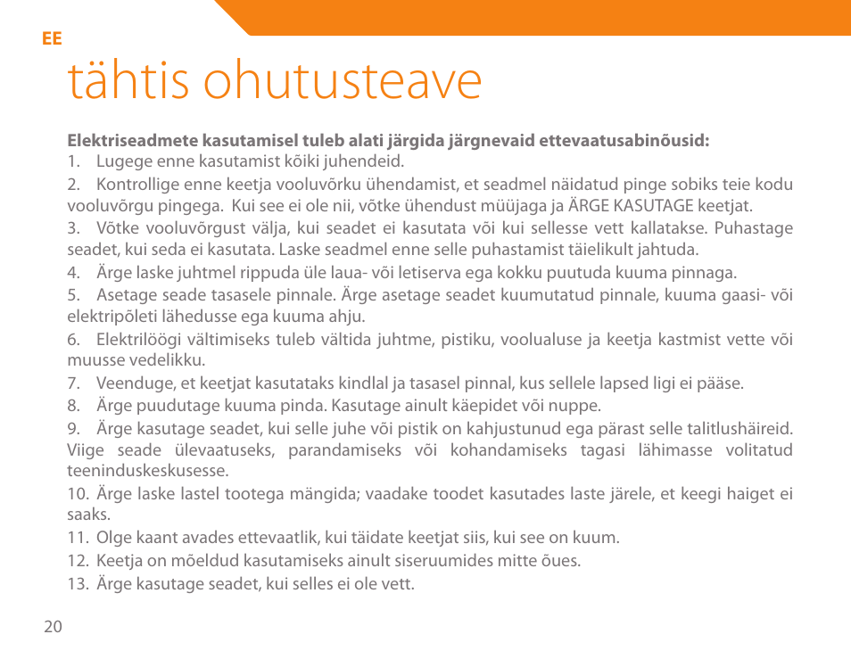 Tähtis ohutusteave | Acme KE-200 User Manual | Page 20 / 76