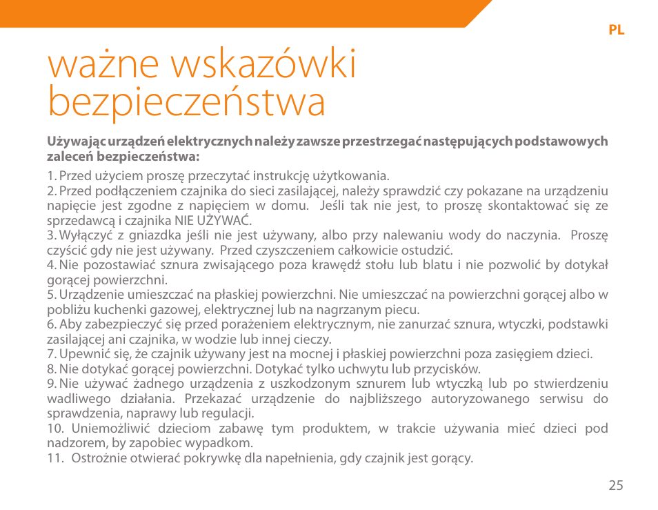 Ważne wskazówki bezpieczeństwa | Acme KE-200 User Manual | Page 25 / 76