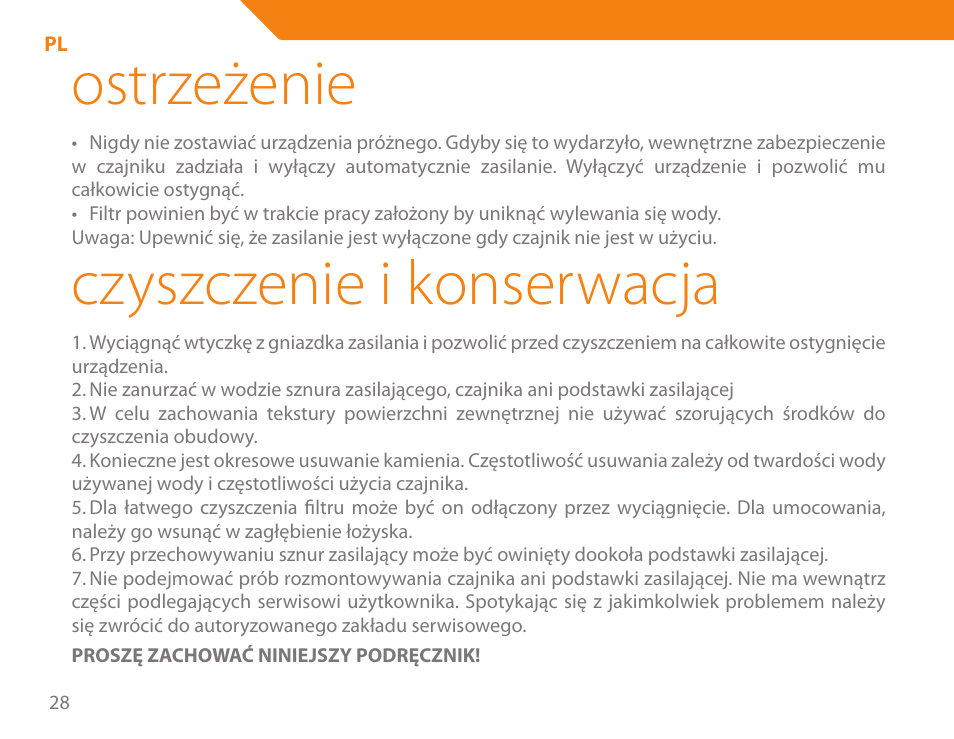 Ostrzeżenie, Czyszczenie i konserwacja | Acme KE-200 User Manual | Page 28 / 76