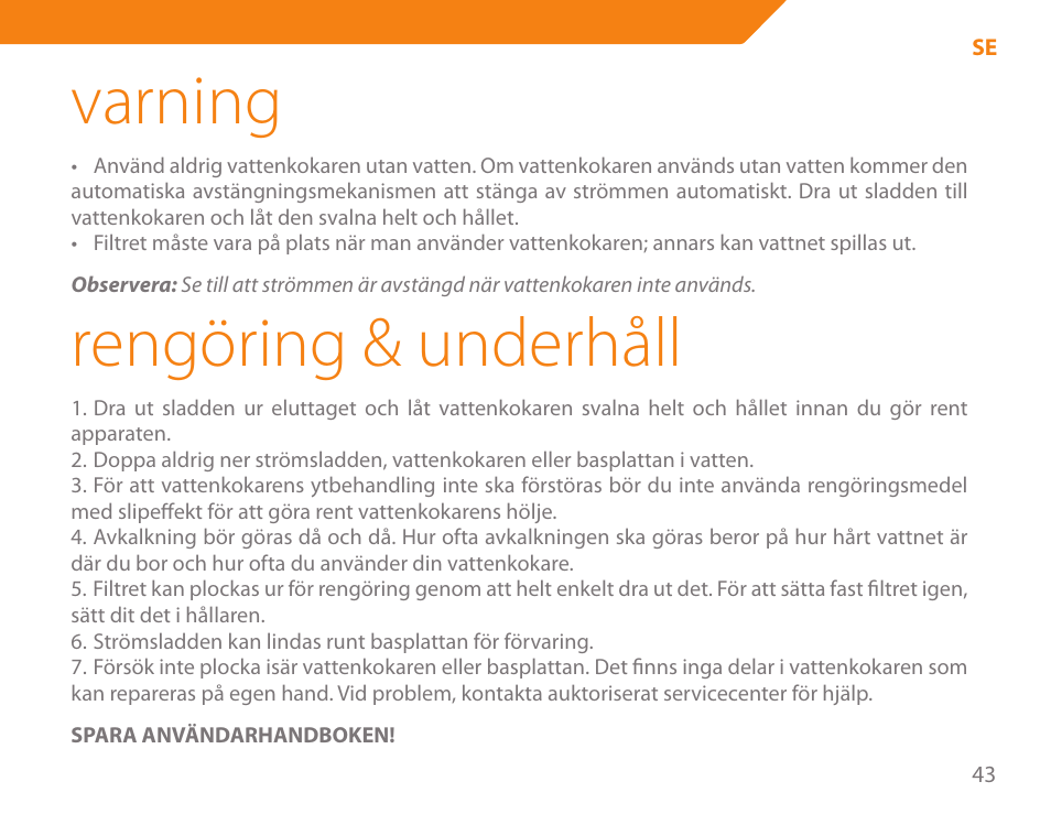 Varning, Rengöring & underhåll | Acme KE-200 User Manual | Page 43 / 76