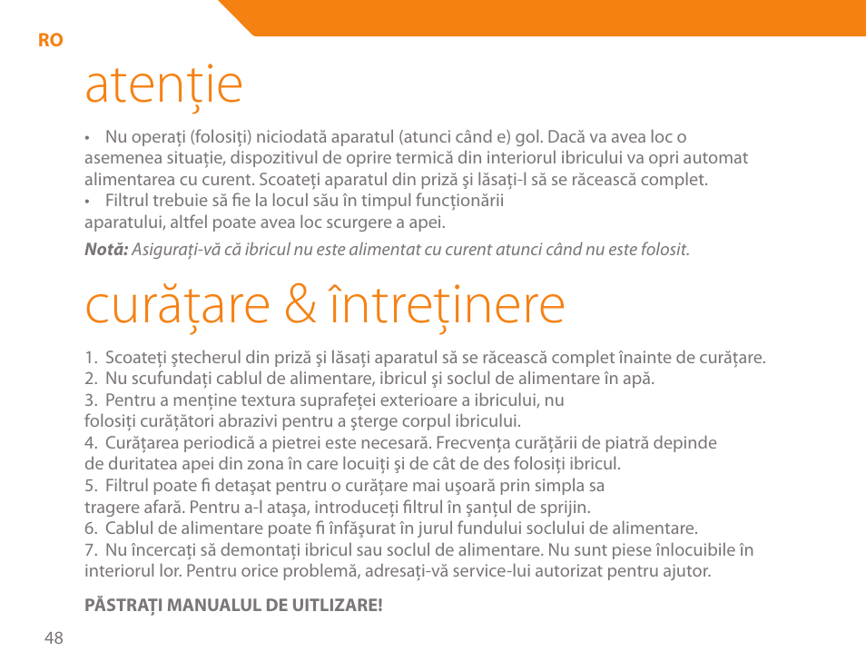 Atenţie, Curăţare & intreţinere | Acme KE-200 User Manual | Page 48 / 76