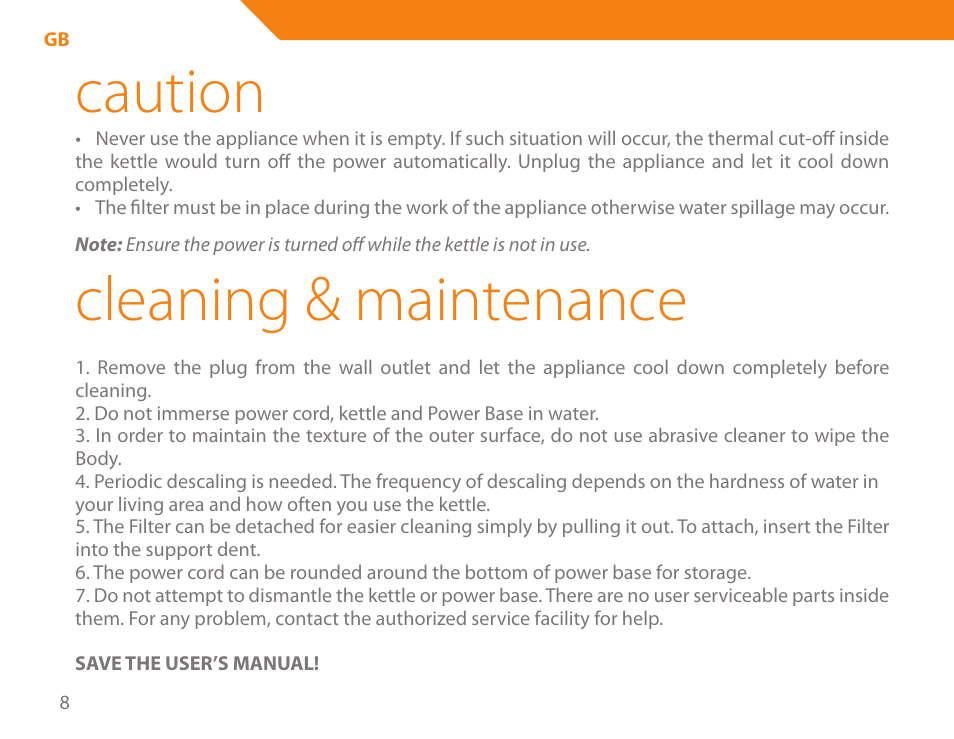 Caution, Cleaning & maintenance | Acme KE-200 User Manual | Page 8 / 76