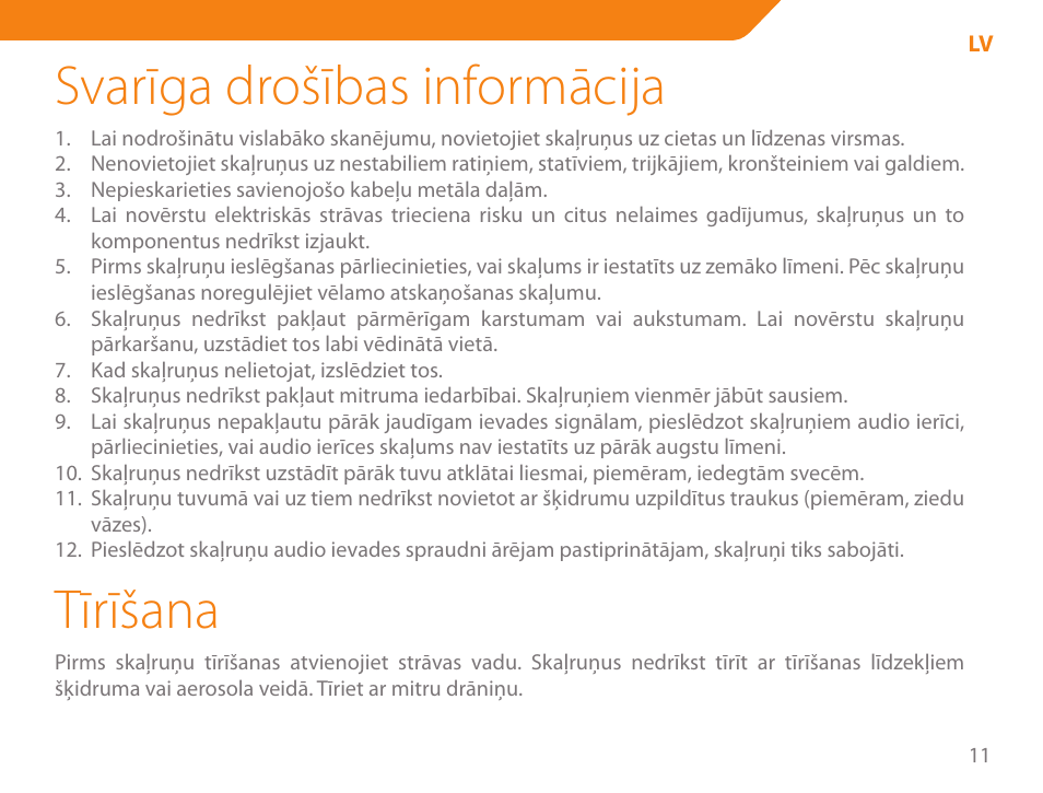 Svarīga drošības informācija, Tīrīšana | Acme SS111 User Manual | Page 11 / 56