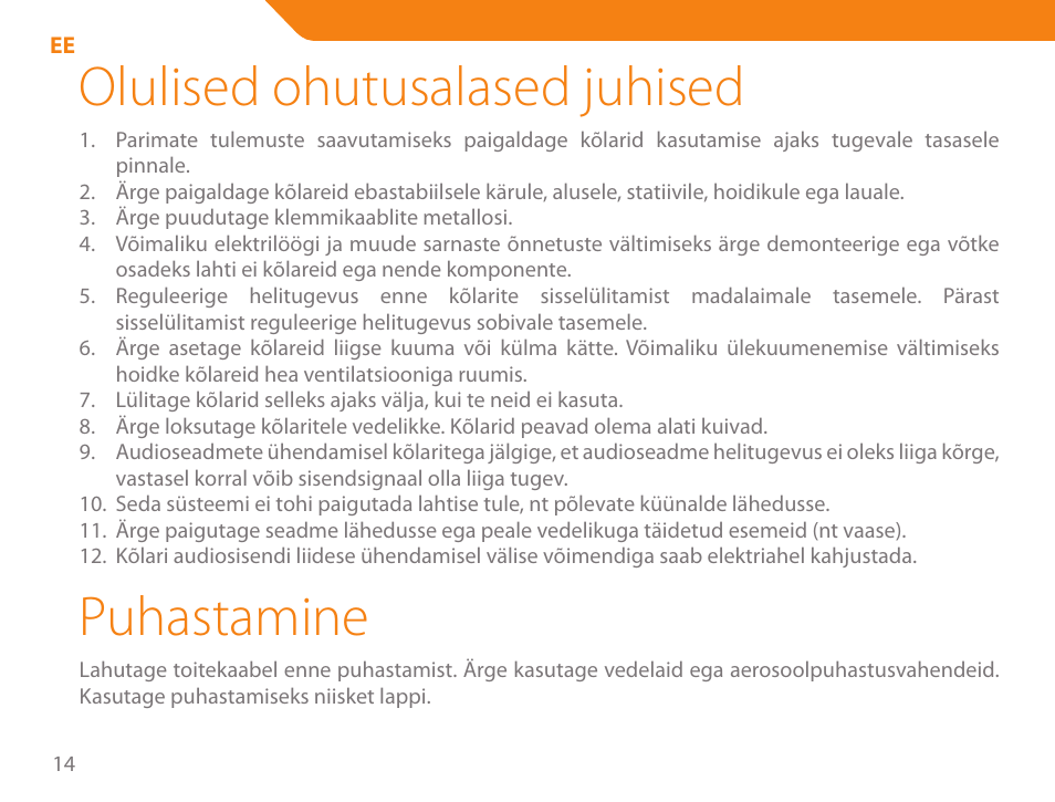 Olulised ohutusalased juhised, Puhastamine | Acme SS111 User Manual | Page 14 / 56