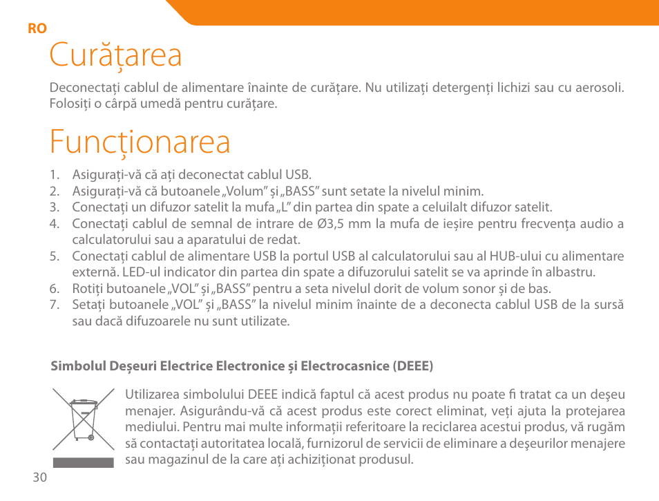 Curăţarea, Funcţionarea | Acme SS111 User Manual | Page 30 / 56