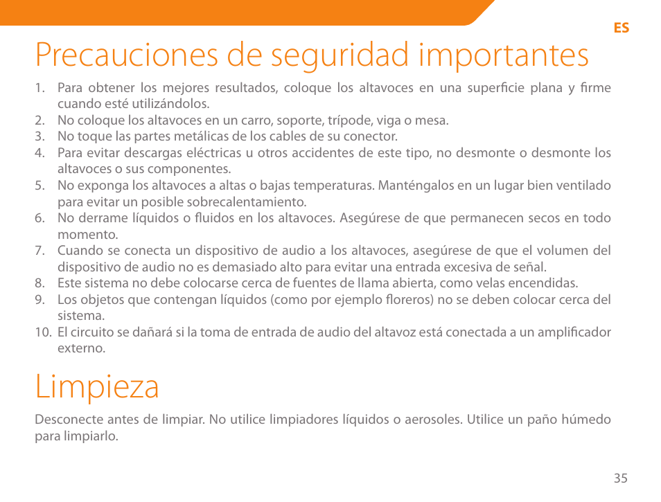 Precauciones de seguridad importantes, Limpieza | Acme SS111 User Manual | Page 35 / 56