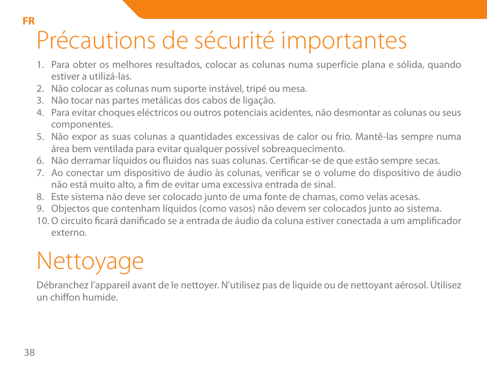 Précautions de sécurité importantes, Nettoyage | Acme SS111 User Manual | Page 38 / 56