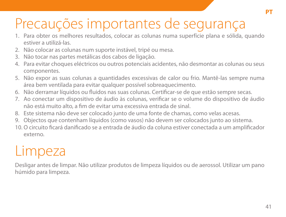 Precauções importantes de segurança, Limpeza | Acme SS111 User Manual | Page 41 / 56