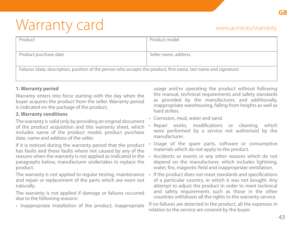 Warranty card | Acme SS111 User Manual | Page 43 / 56