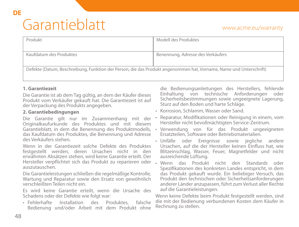 Garantieblatt | Acme SS111 User Manual | Page 48 / 56