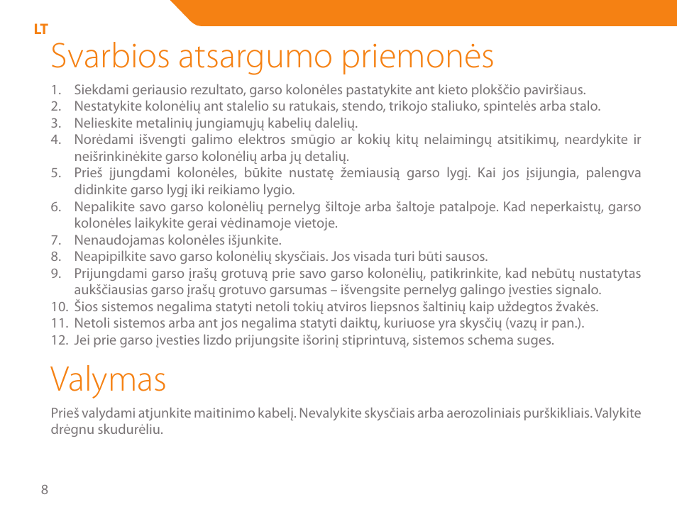 Svarbios atsargumo priemonės, Valymas | Acme SS111 User Manual | Page 8 / 56