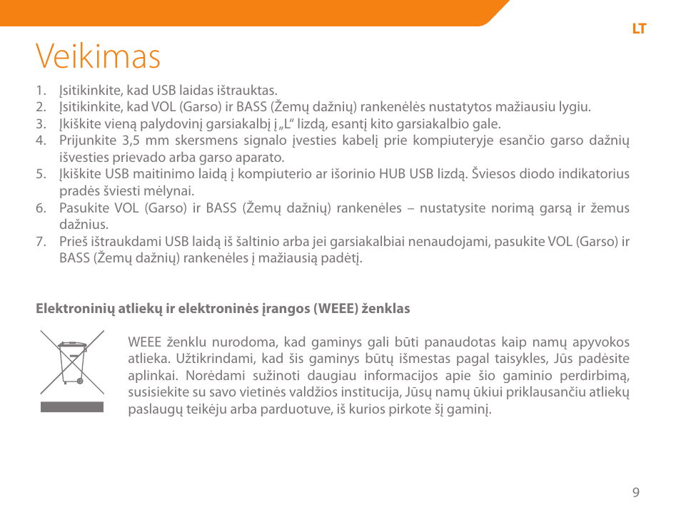 Veikimas | Acme SS111 User Manual | Page 9 / 56