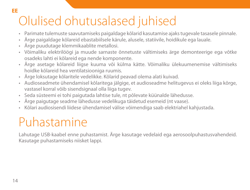 Olulised ohutusalased juhised, Puhastamine | Acme SS-109 User Manual | Page 14 / 54