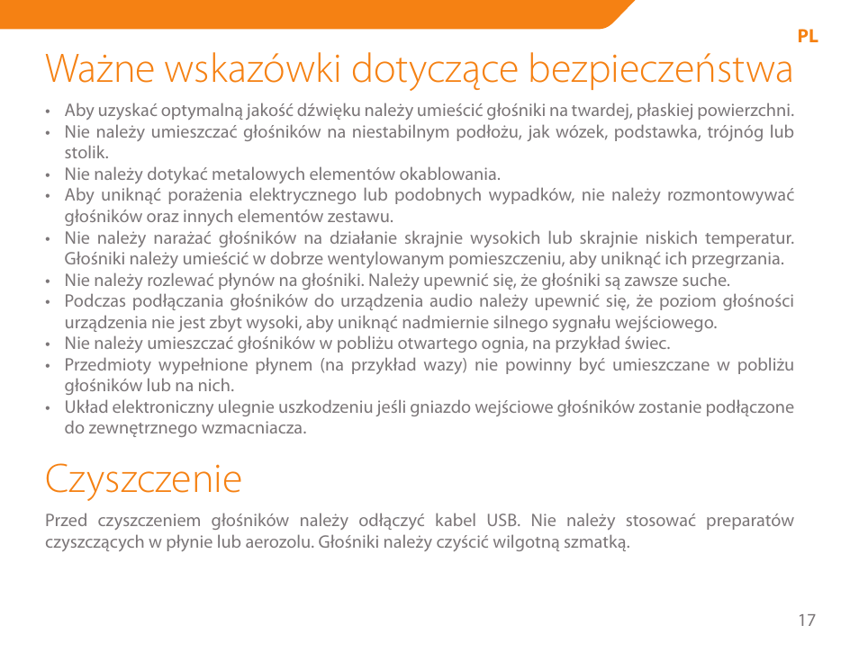 Ważne wskazówki dotyczące bezpieczeństwa, Czyszczenie | Acme SS-109 User Manual | Page 17 / 54