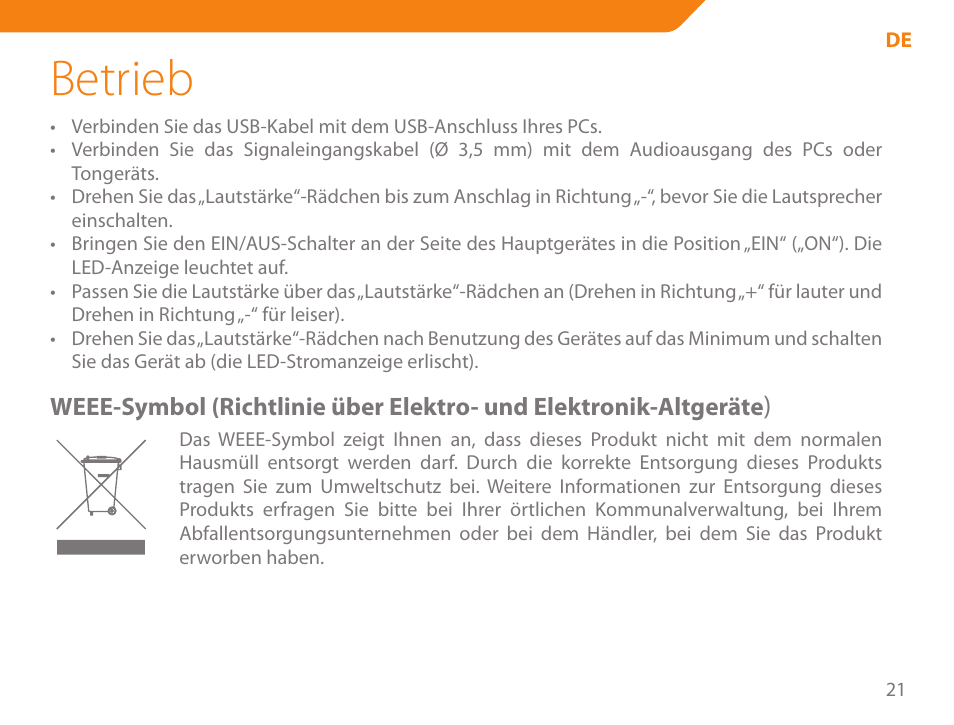 Betrieb | Acme SS-109 User Manual | Page 21 / 54