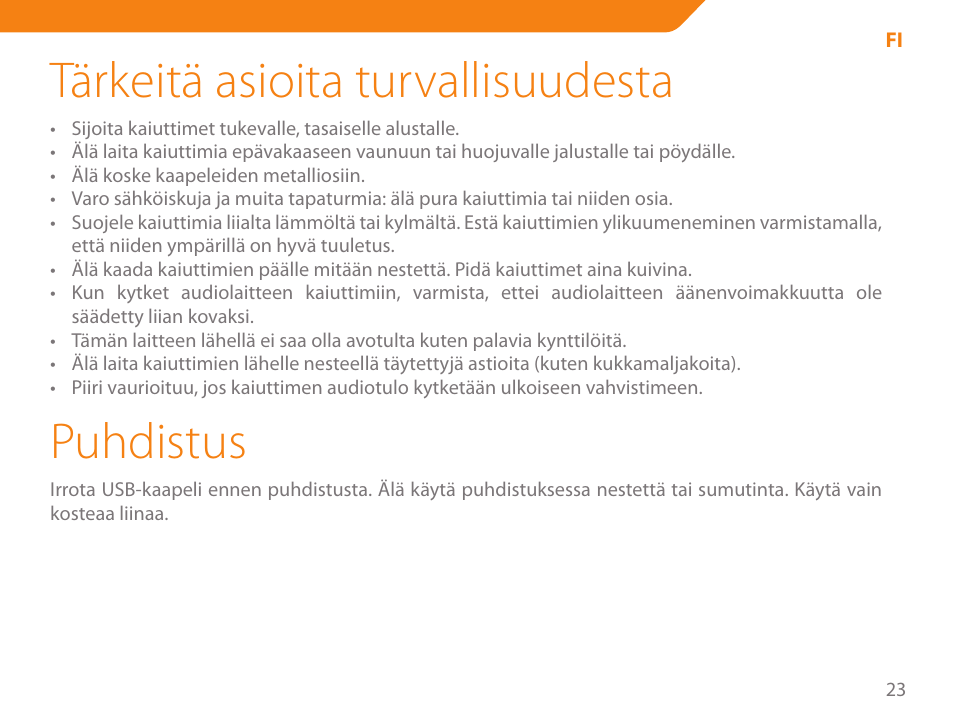 Tärkeitä asioita turvallisuudesta, Puhdistus | Acme SS-109 User Manual | Page 23 / 54