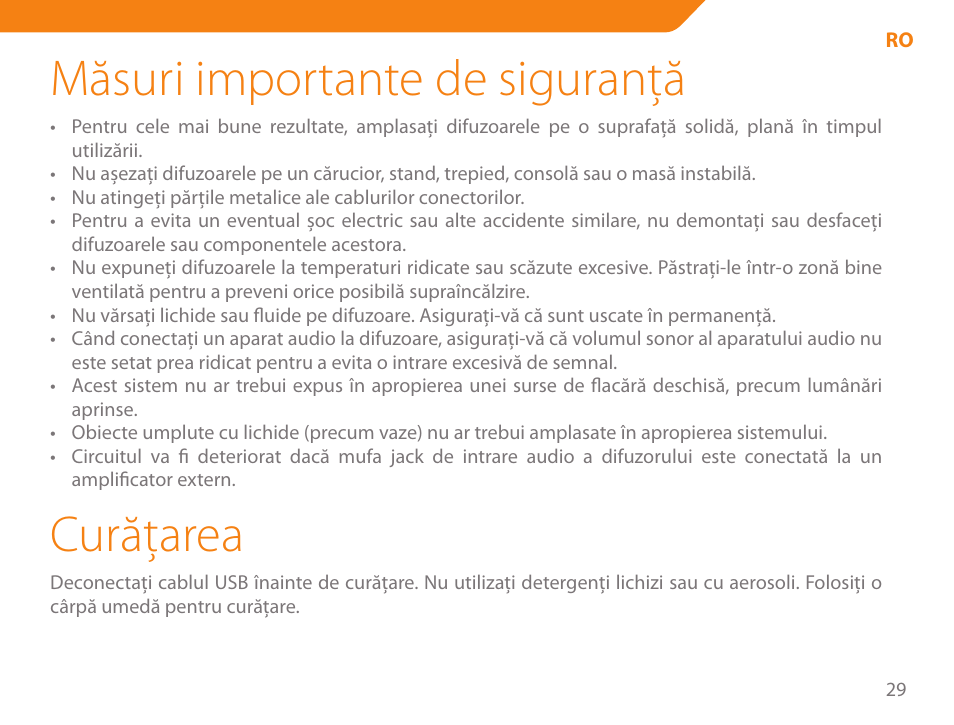 Măsuri importante de siguranţă, Curăţarea | Acme SS-109 User Manual | Page 29 / 54