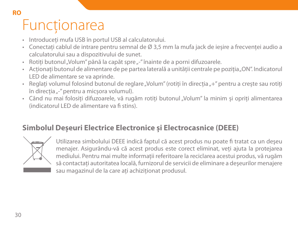 Funcţionarea | Acme SS-109 User Manual | Page 30 / 54