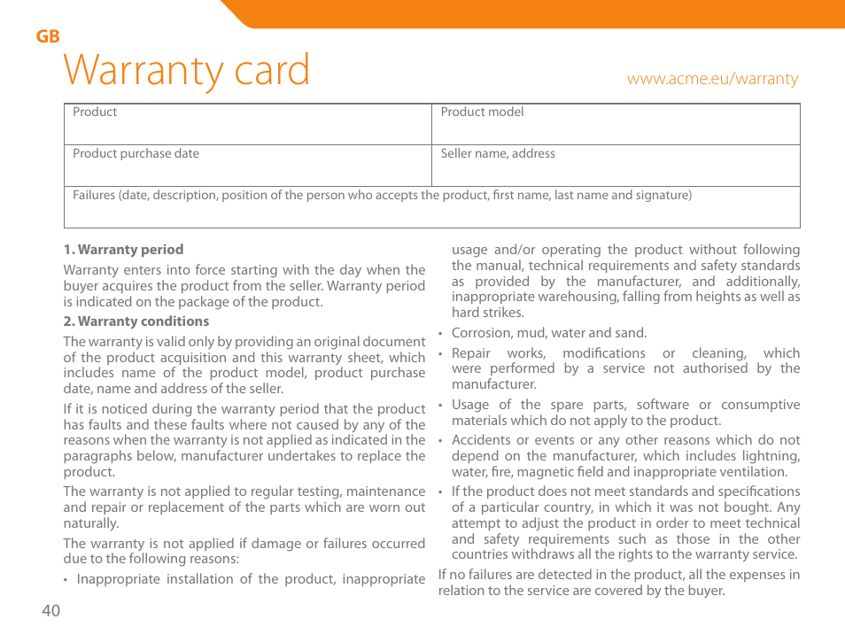 Warranty card | Acme SS-109 User Manual | Page 40 / 54