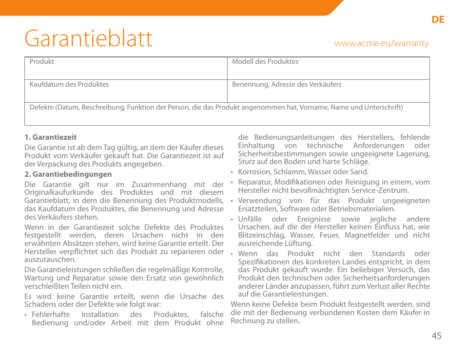 Garantieblatt | Acme SS-109 User Manual | Page 45 / 54