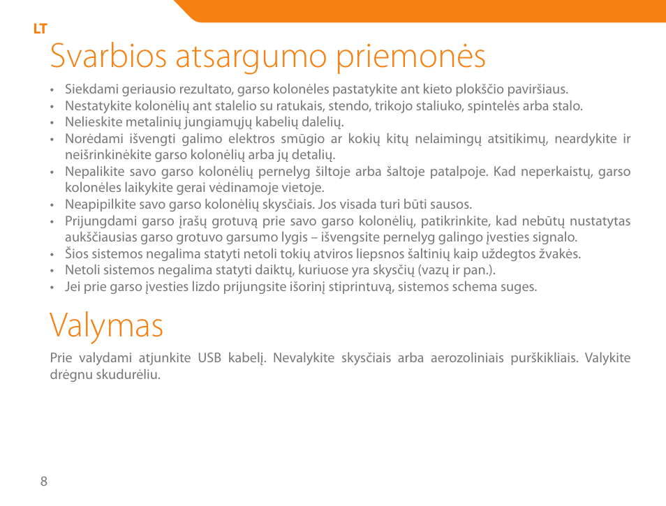 Svarbios atsargumo priemonės, Valymas | Acme SS-109 User Manual | Page 8 / 54