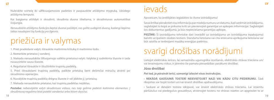 Priežiūra ir valymas, Ievads, Svarīgi drošības norādījumi | Acme TE-100 User Manual | Page 10 / 46