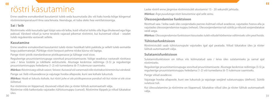 Röstri kasutamine | Acme TE-100 User Manual | Page 16 / 46