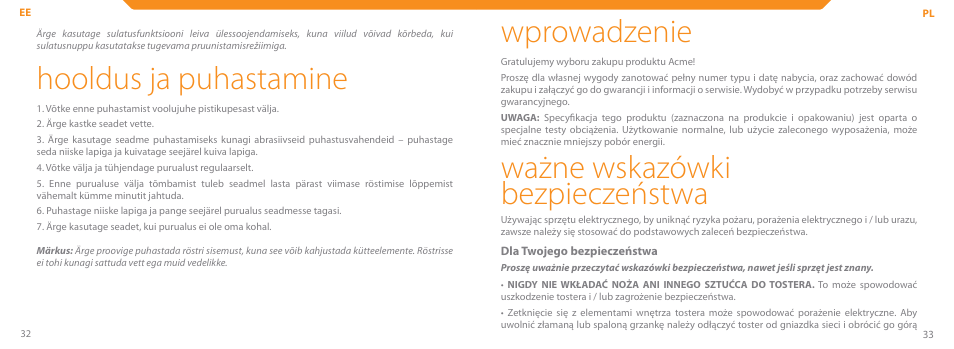 Hooldus ja puhastamine, Wprowadzenie, Ważne wskazówki bezpieczeństwa | Acme TE-100 User Manual | Page 17 / 46