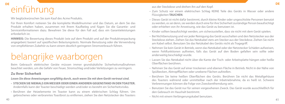 Einführung, Belangrijke waarborgen | Acme TE-100 User Manual | Page 21 / 46